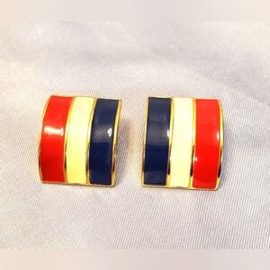 Gold Tone Red White Blue Stripe Enamel Square Stud Earrings